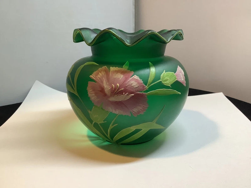 Green hand-blown glass vase with ruffled rim and pink carnation enamel decoration