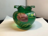 Bohemian Enameled Carnation Flowers on Green Ruffled Hand Blown Vase Carnation