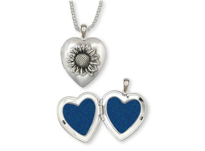 Sterling silver heart photo locket necklace with blue inserts and sunflower detail