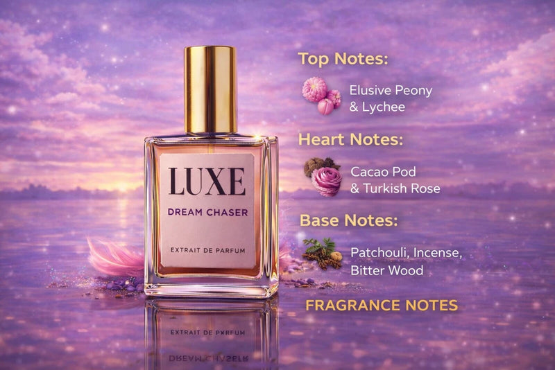 LUXE Dream Chaser perfume bottle with gold cap