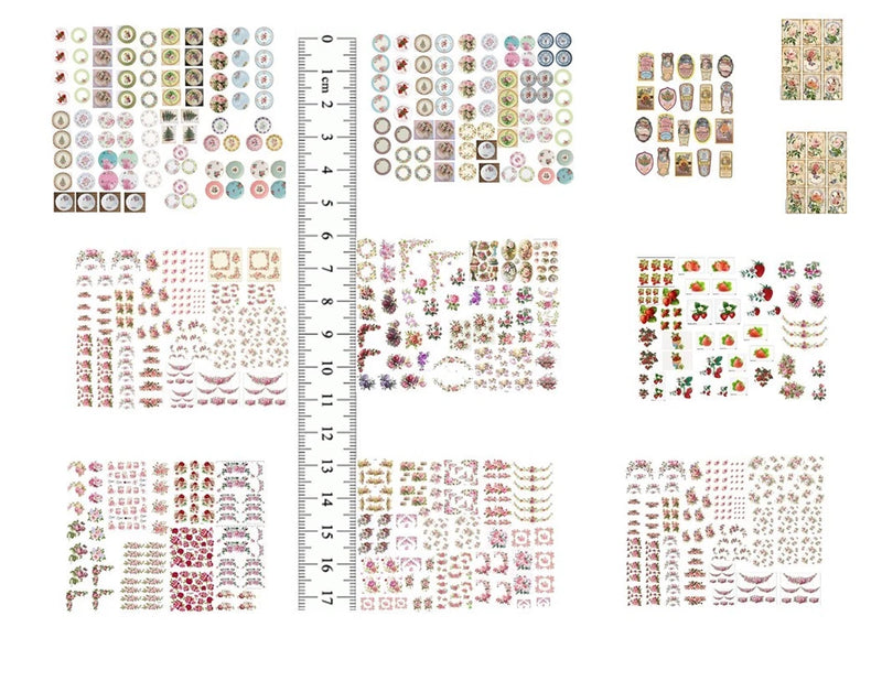 Miniature shabby chic floral rose decal stickers on multiple sheets