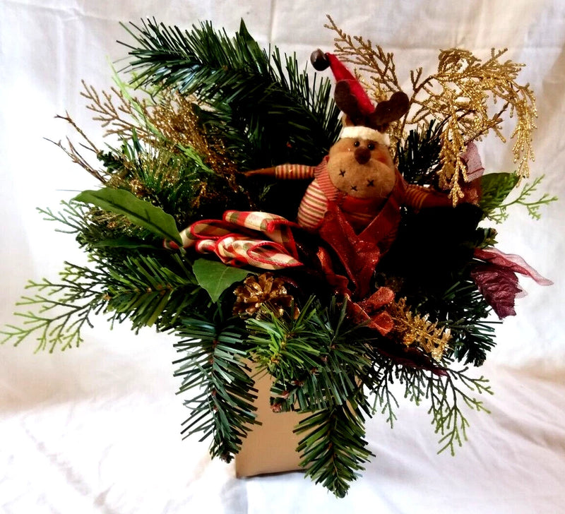 Xmas Floral Arrangement w Cloth Reindeer Accent 14" x 13" Table Desk Centerpiece Green Plant