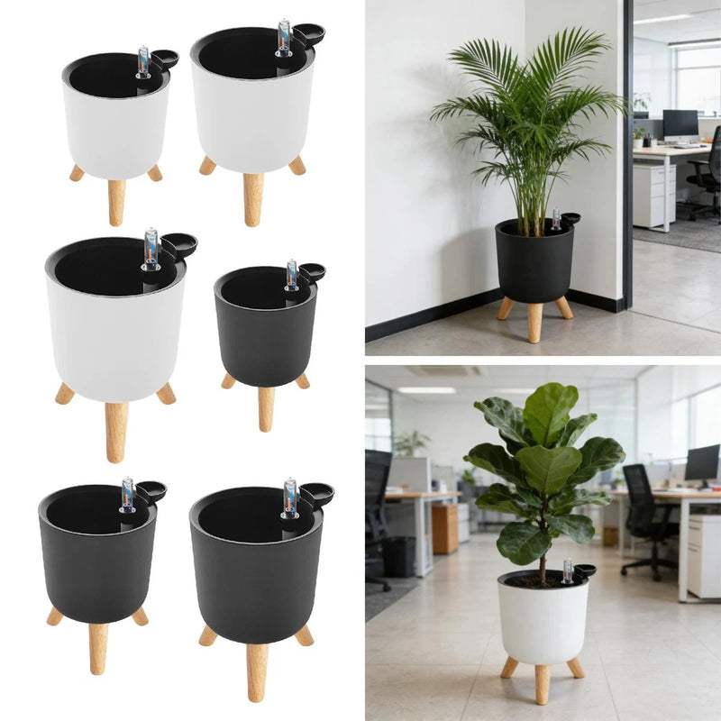Self-watering plant pots set with black/white planters and wooden feet, side spout