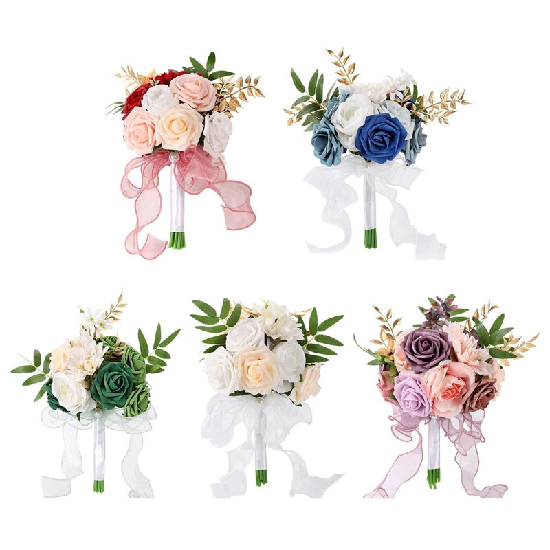 Lifelike silk rose bridesmaid bouquet with ribbon tassels, greenery, and gold accents