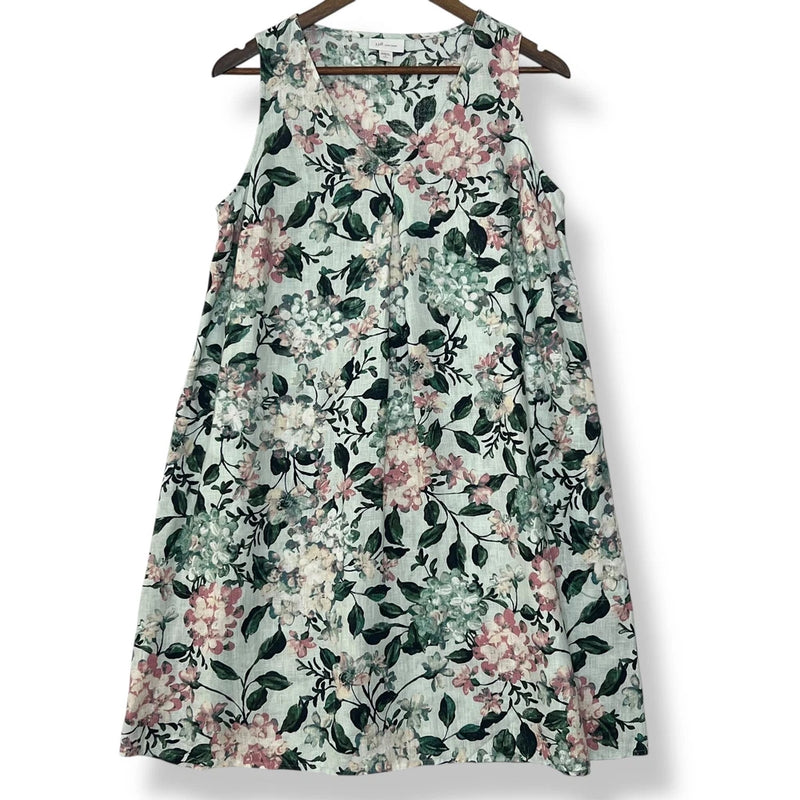 J. Jill Love 100% Linen Dress SP Floral Tank Petite Hydrangea Light Sea Glass Hydrangea