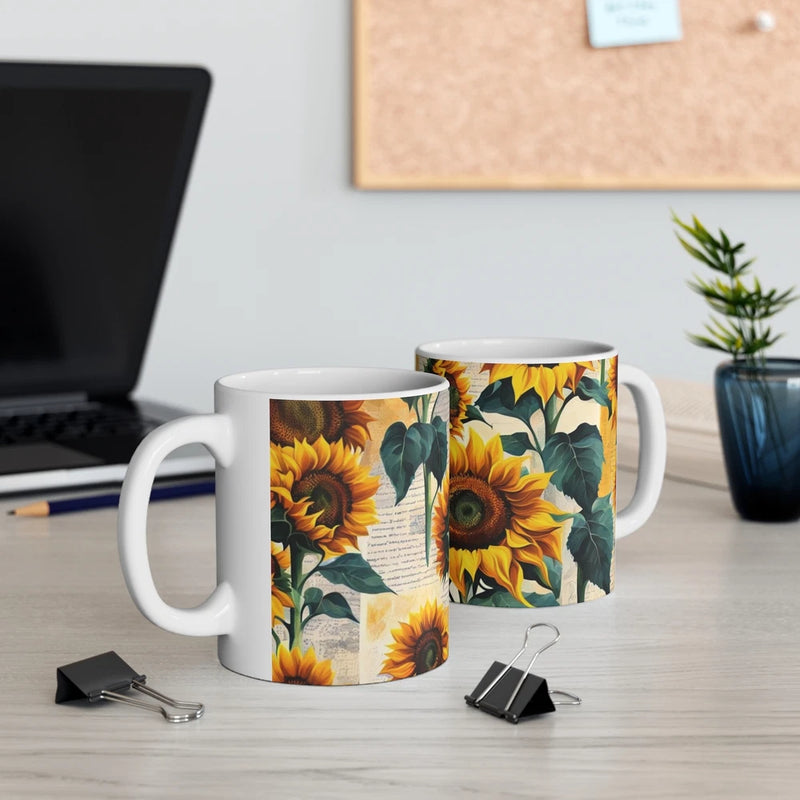 Ceramic coffee cups with colorful sunflower print, white handles and rim, 11–15 oz set