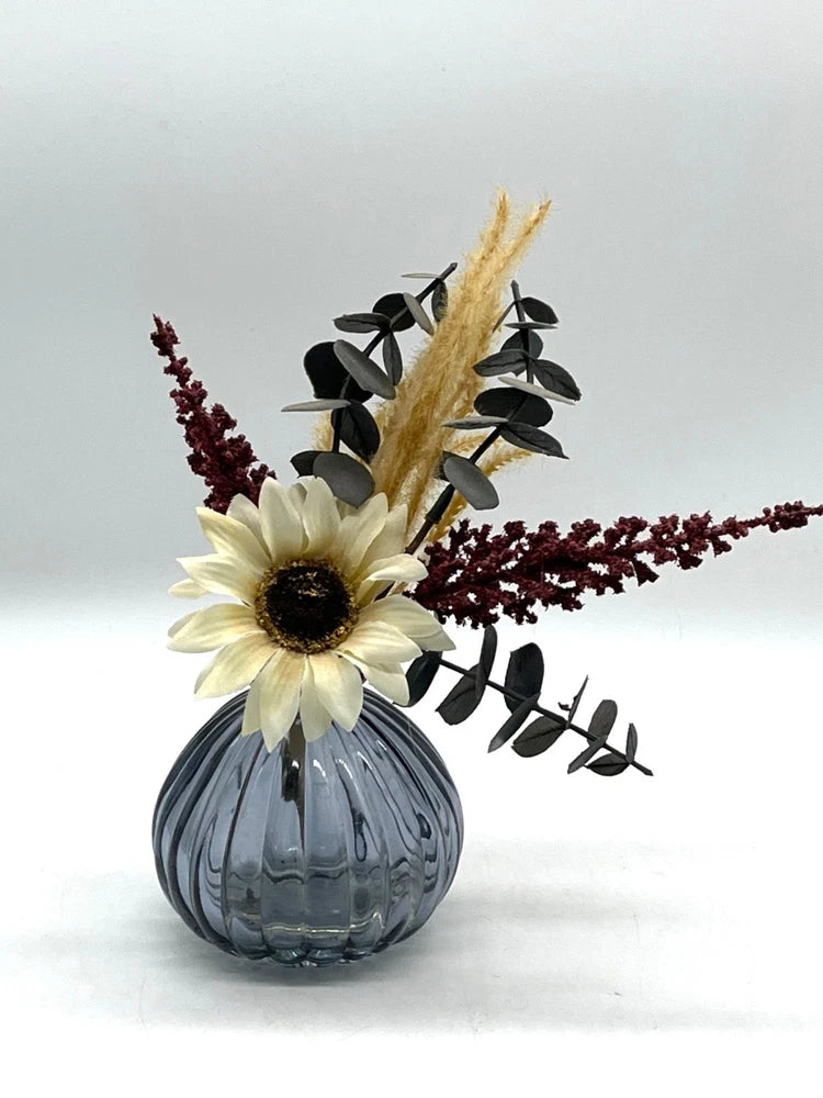 Modern Dried Floral Arrangement Charcoal Glass Vase W/ Sunflower Pampas Grass Pampas Grass