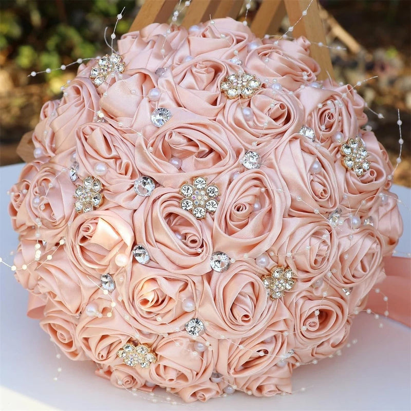 Blush pink satin rose bouquet with crystal rhinestone brooches and pearl accents