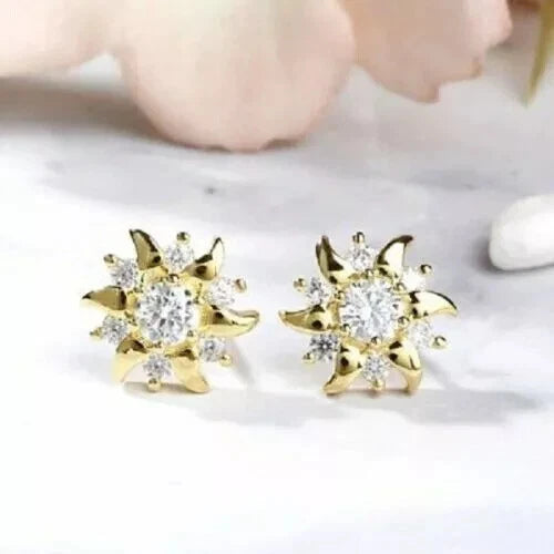 2Ct Round Lab Created Diamond Sunflower Stud Earrings 14K Yellow Gold Plated Sunflower