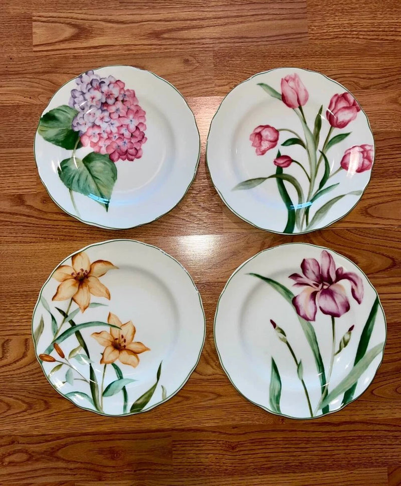 (4) CHARTER CLUB~9" SALAD PLATES~WILD FLOWERS~DAY LILY~TULIP~HYDRANGEA~IRIS~V EX Hydrangea