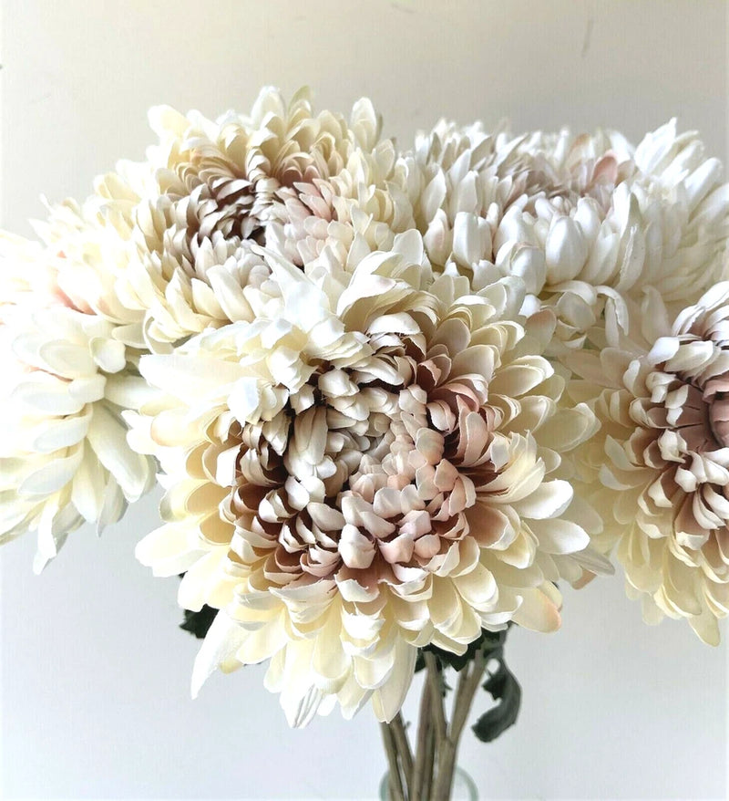 Artificial silk chrysanthemum stem, cream and beige ruffled blooms with dark centers