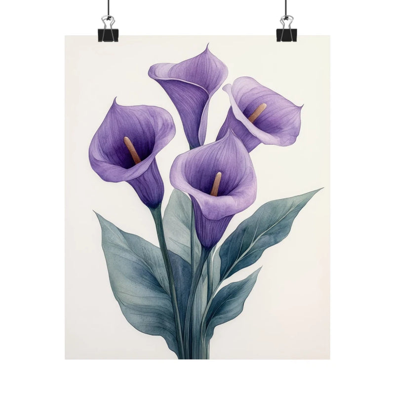 Floral art print poster with lavender calla lilies and green leaves