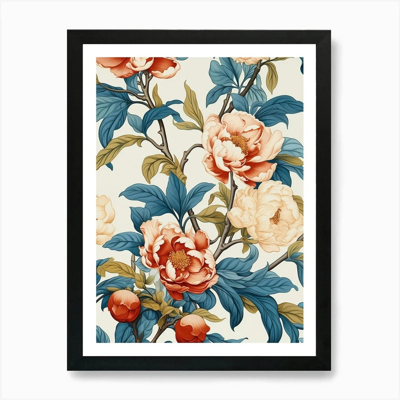 Framed wall art print with orange and cream peonies and blue-green leaves