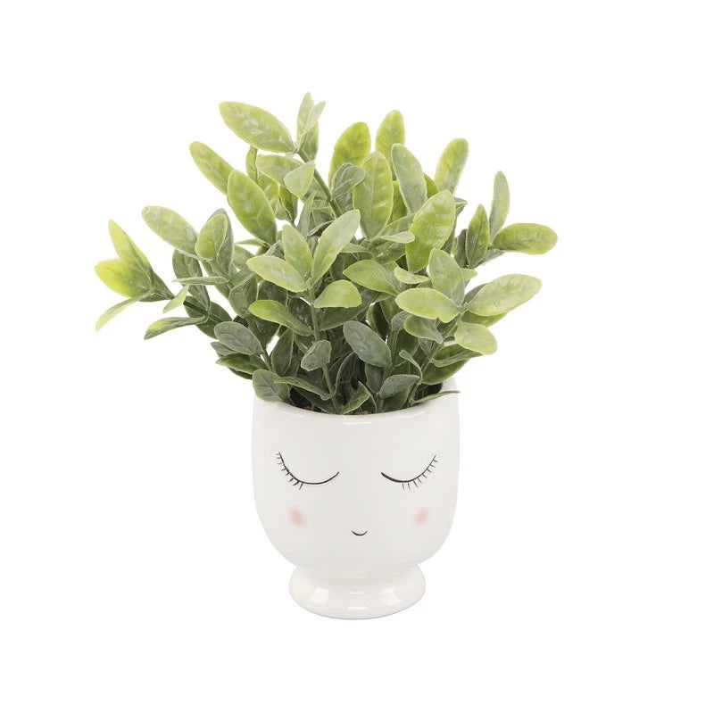 Tabletop Artificial Tea Leaf Plant in Ceramic Shy Girl Planter Indoor Decor New Green Plant