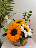 Pipecleaner Sunflower Floral Basket Arrangement with Ribbon Bow, Yellow & Orange Sunflower