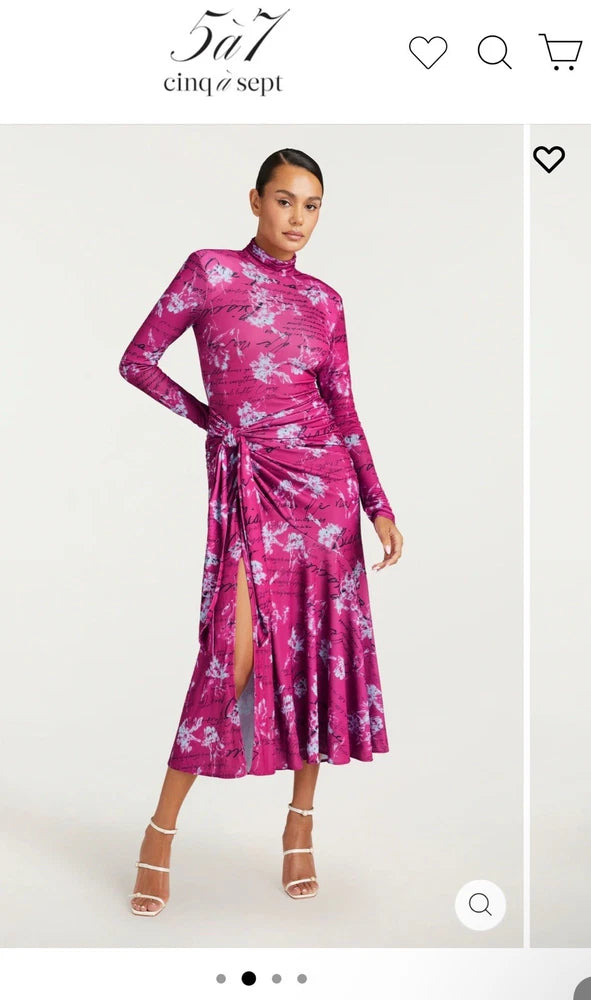 Women's high-neck floral midi dress with long sleeves in warm fuchsia pink