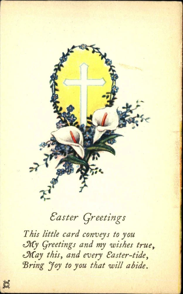 Easter postcard ~ calla lily flowers violets Christian cross poem ~ unused c1910 Lily