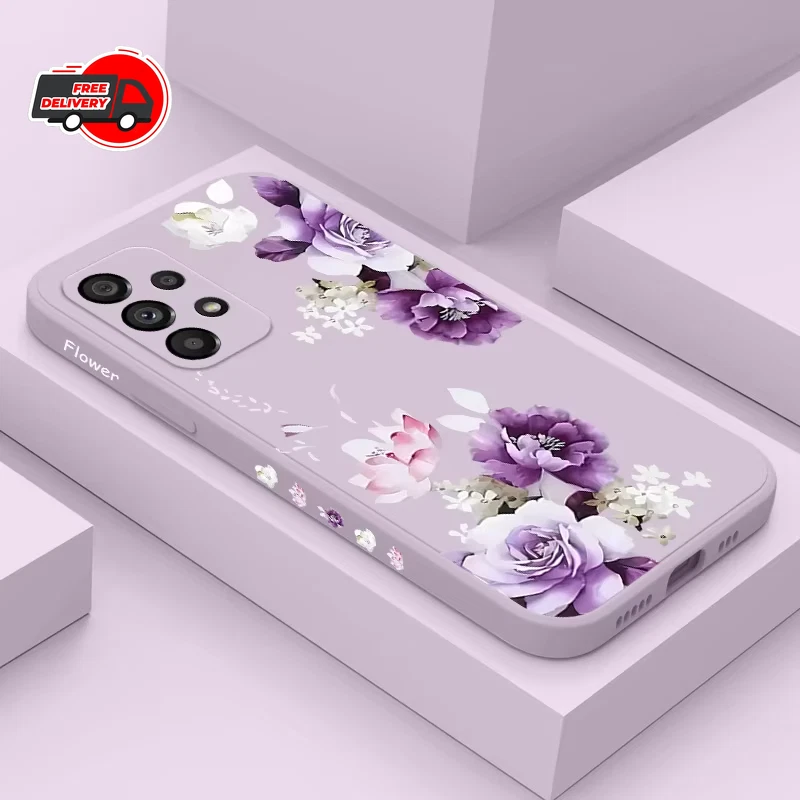 Floral phone case for Samsung Galaxy with light gray base and purple peony print