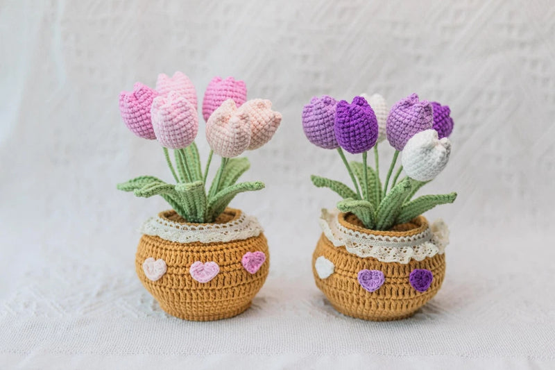 Handmade Crochet Tulip Flower Pot, Pink Purple Orange, Gift for Her, Friend Gift Sunflower