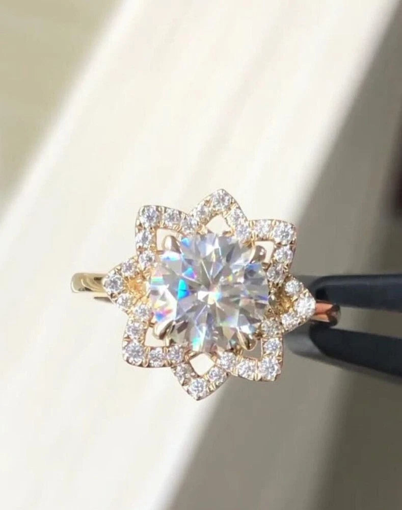 Sterling silver sunflower halo engagement ring with round center moissanite and petal stones