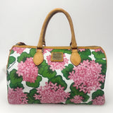 Dooney & Bourke Hydrangea Pink Green Floral Barrel Satchel Leather Trim Boston Hydrangea