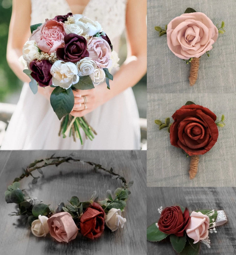Burgundy Pink Bridal Bouquet Blush Sola Wood Bridesmaid Wedding Flowers Prom Bouquet