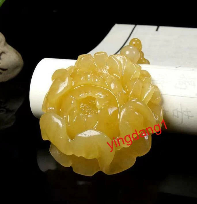 Fine Natural Hand-Carved Jade Pendant Jadeite Necklace Accessory Peony Flower Peony