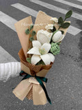 White+Green Rose Lily Handmade Crochet Knit Bouquet-7 flowers- Art Original Gift Lily