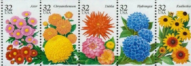 1995 32c Fall Garden Flowers, Hydrangea, Pane of 5 Scott 2993-97 Mint F/VF NH Hydrangea