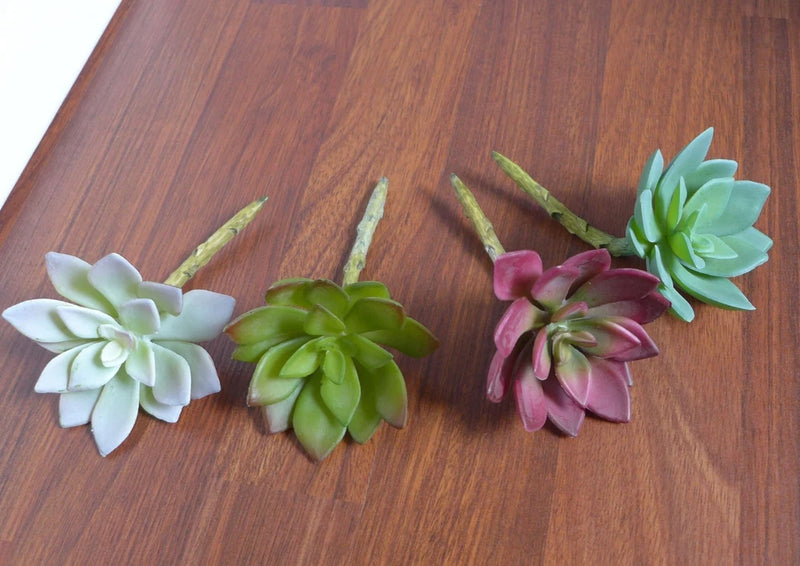 Set of 4 artificial lotus succulent plants with stems in green, light blue, and pink