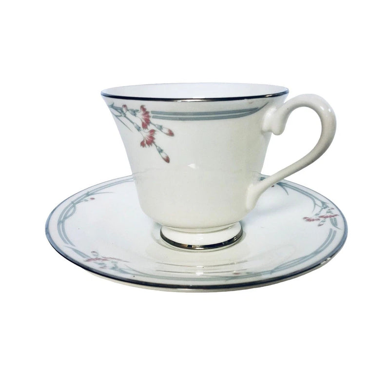 Royal Doulton Teacup Saucer Set Carnation Pink Flowers Platinum Trim England Carnation