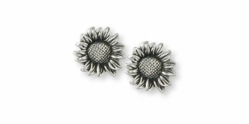 Sterling silver sunflower stud earrings with textured petal details and woven center