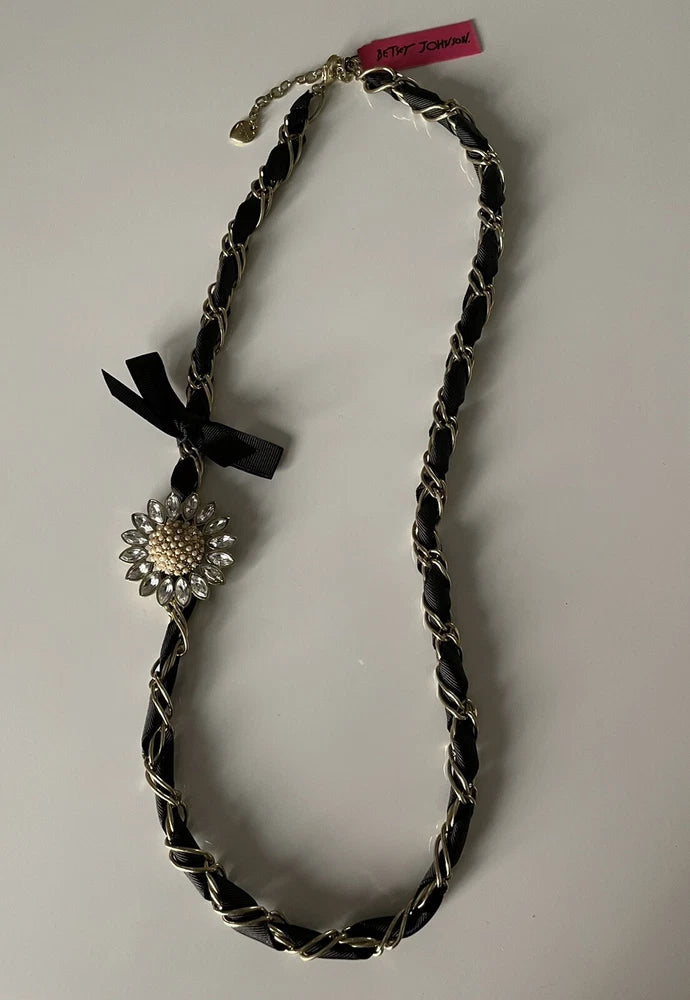 Sunflower medallion chainlink necklace with dark link chain and rhinestone flower charm