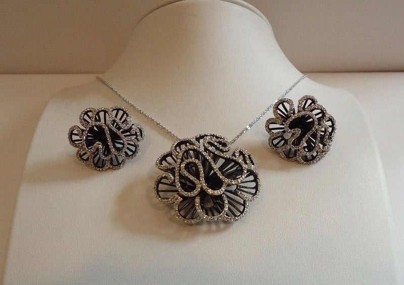 925 STERLING SILVER FLOWER CARNATION NECKLACE & EARRING  11 CT SIMULATED DIAMOND Carnation