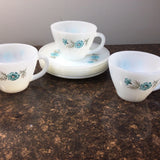 Fire King Cup & Saucers Bonnie Blue Carnation Flower Coffee Tea (3) Saucers (5) Carnation