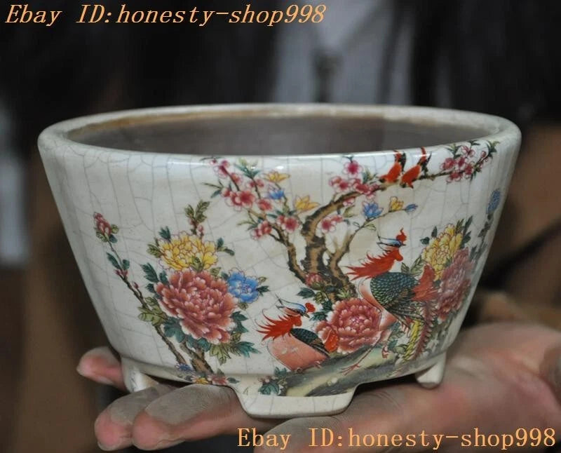 5'' Marked Chinese Yixing zisha painted peony Plum blossom bird statue Flowerpot Peony