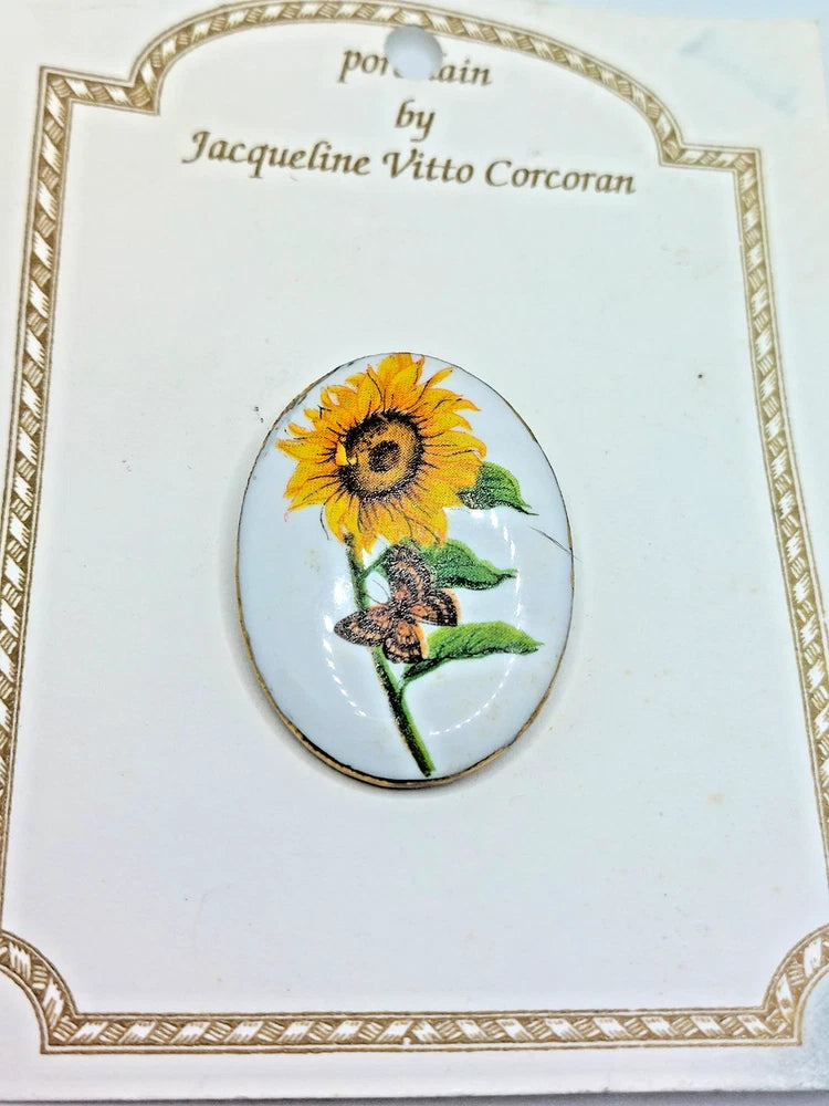 Vtg. Jacqueline Vitto Concoran Porcelain Brooch Pin  Sunflower Butterfly... Sunflower