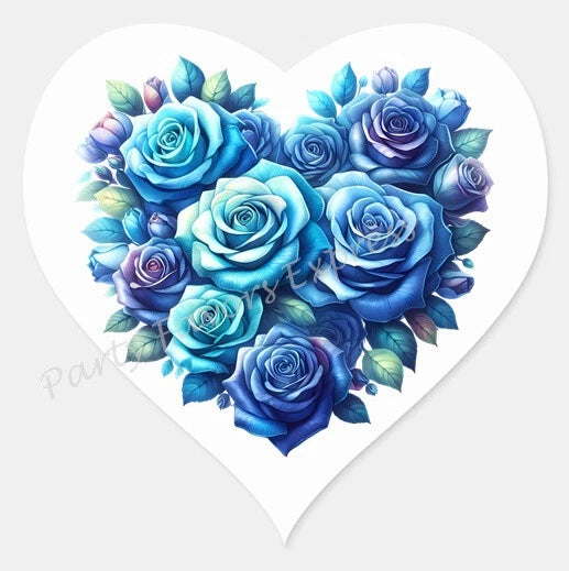 Heart-shaped sticker label with blue rose bouquet design for envelopes