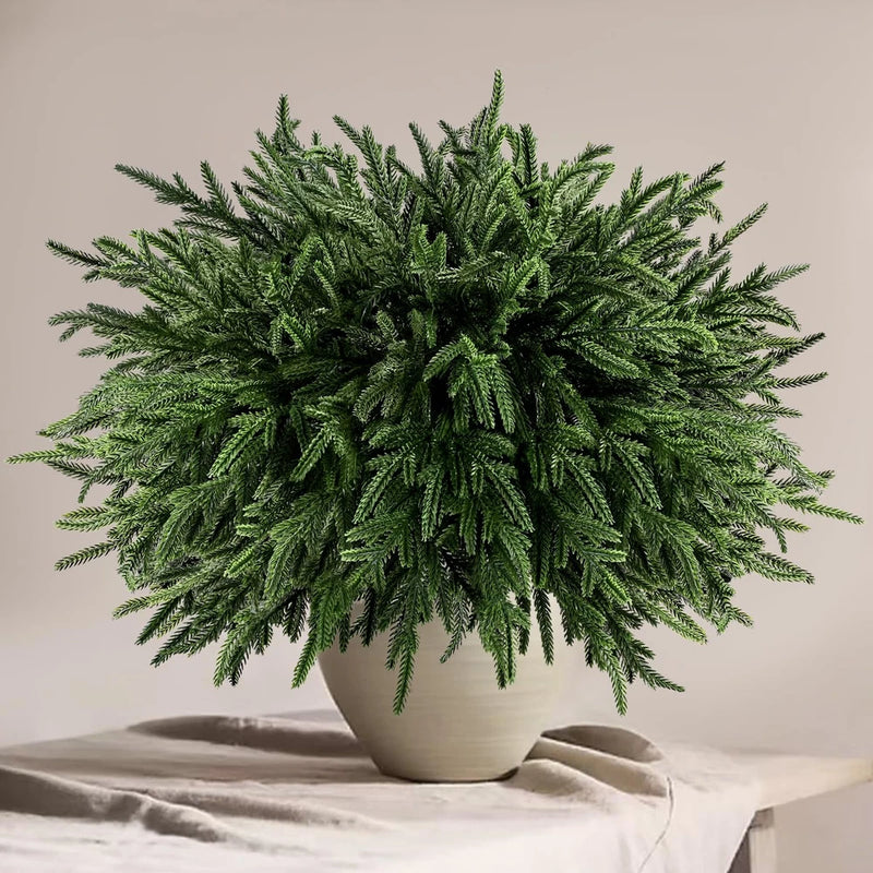 Artificial Norfolk pine branches, dense green needles in a small pot, 18 in