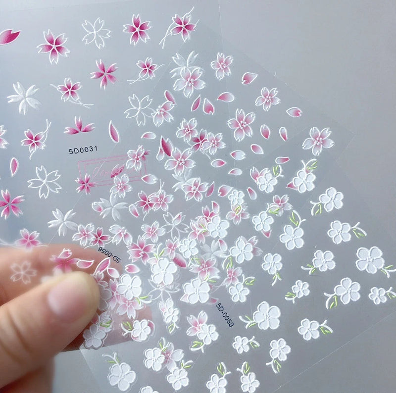 5D Nail Stickers White Pink Daisy Flowers Wedding Embossed Decal Nail Art NH27 Daisies