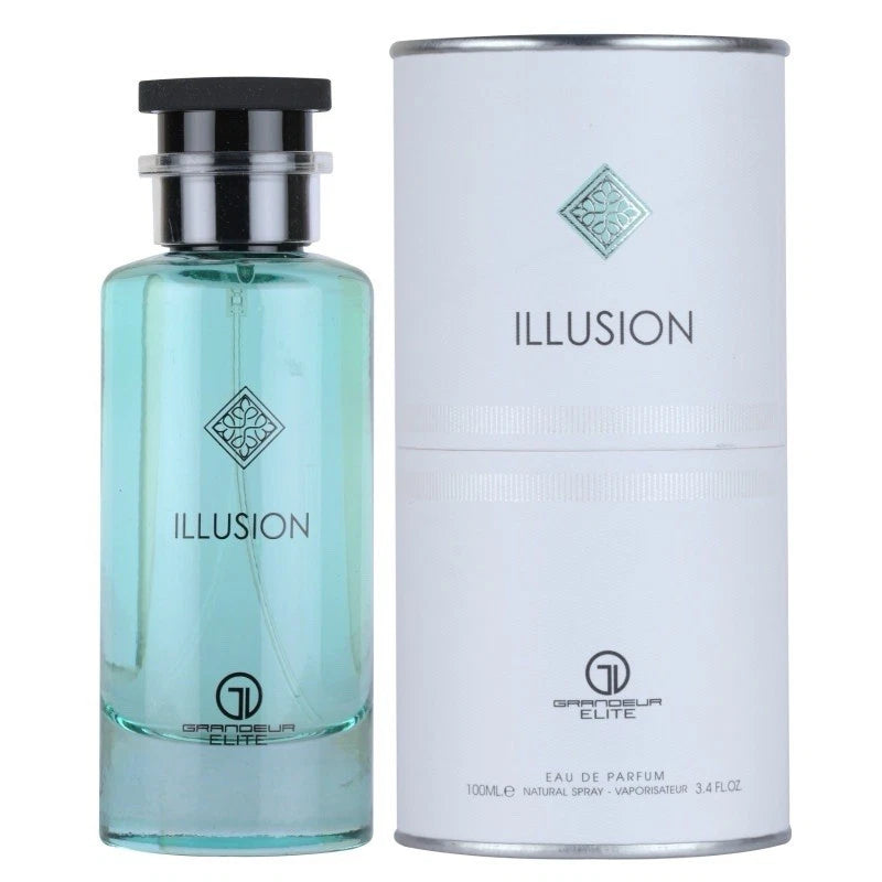 Illusion EDP perfume bottle with black cap and teal glass, plus white 100 ml spray tube