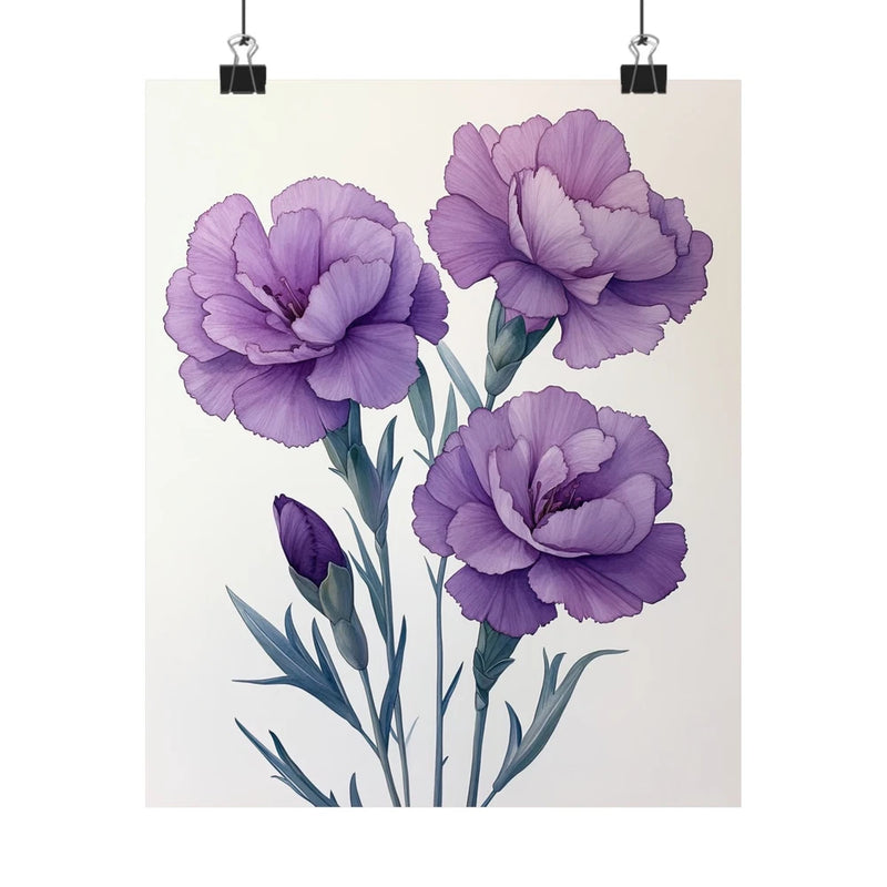 Minimalist floral art print poster: three purple carnation blooms with green stems
