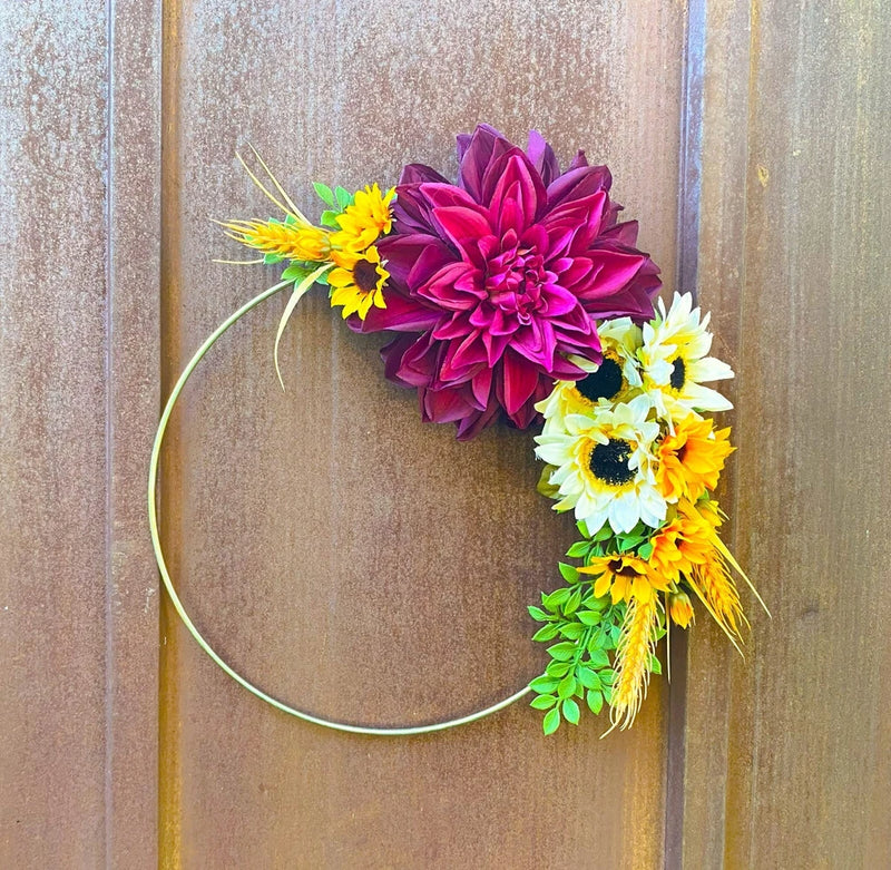 Handmade Custom Door Wreath Decoration Featuring a Purple Dahlia and Sunflowers Sunflower