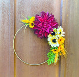 Handmade Custom Door Wreath Decoration Featuring a Purple Dahlia and Sunflowers Sunflower