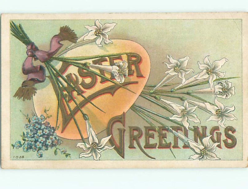 Decorative Easter wall art with heart emblem, white lily flowers, and egg motif
