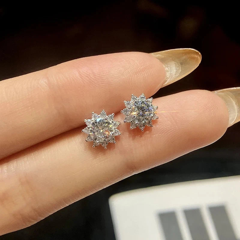 925 sterling silver sunflower halo floral stud earrings, sparkling starburst design