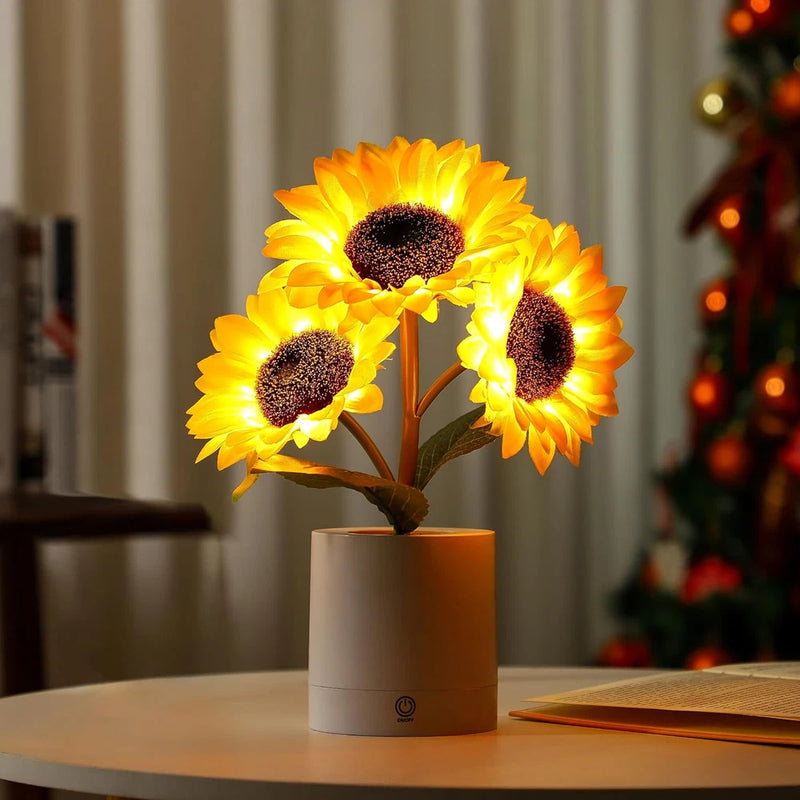 Sunflower LED lamp with three yellow flowers in a white cylindrical base