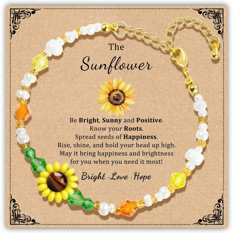 Sunflower-themed beaded bracelet with white pearl-like beads and colorful glass charms