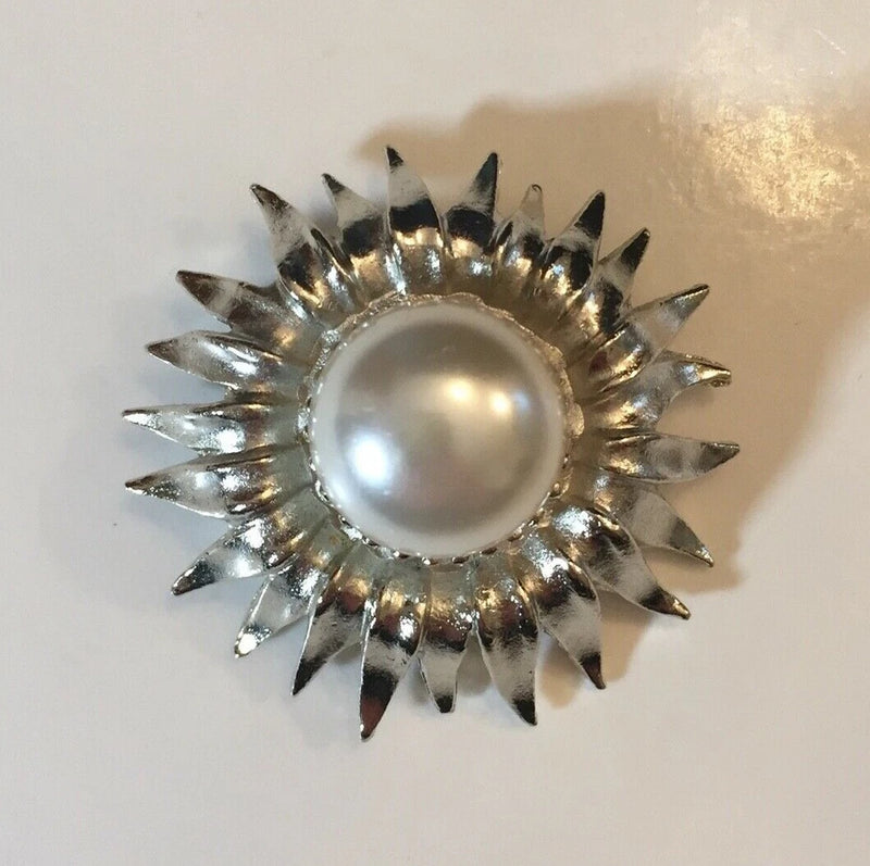Vintage Bold Sunflower Sun Star Brooch Silver Tone Big Center Faux Pearl 1 5/8" Sunflower