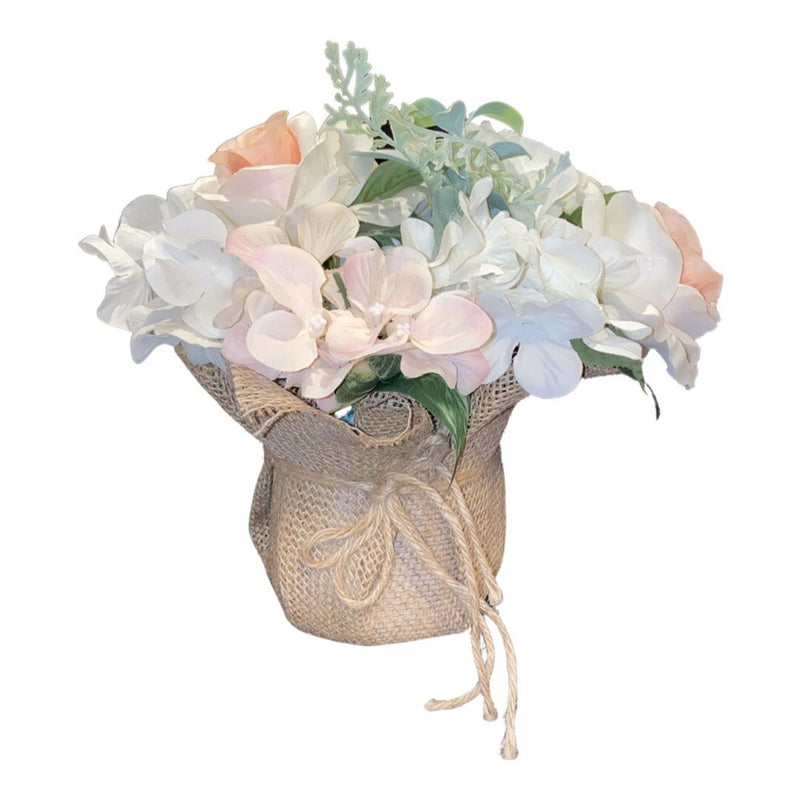 New Artificial Flowers Arranements White Hydrangea Pink  Bouquets Burlap Center Hydrangea
